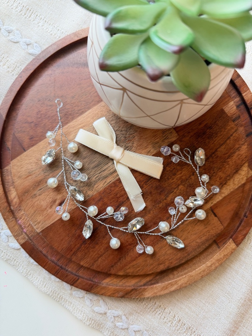 Bridal Crystal and Pearl Vine Hairpiece with Ivory Bow